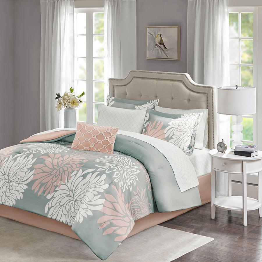 Olliix.com Comforters & Blankets - Maible King Complete Transitional Comforter and Cotton Sheet Set Blush & Gray