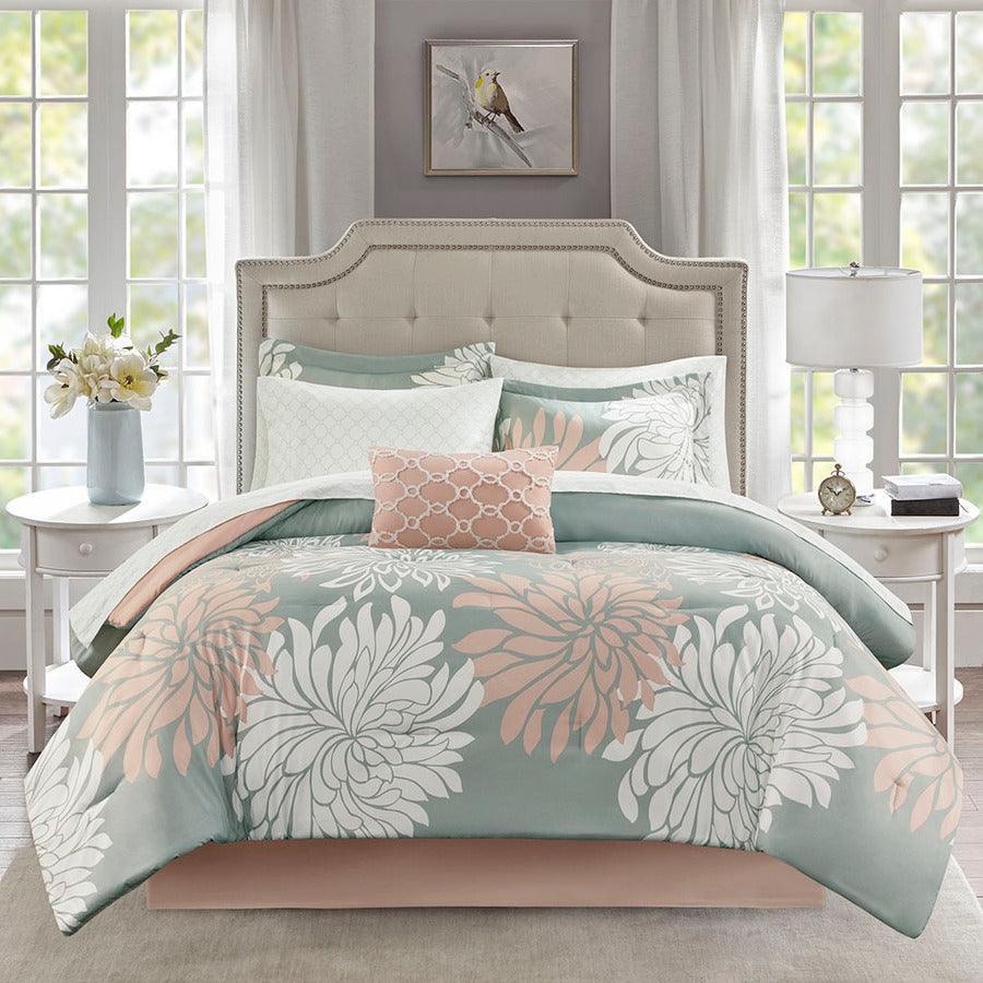 Olliix.com Comforters & Blankets - Maible King Complete Transitional Comforter and Cotton Sheet Set Blush & Gray