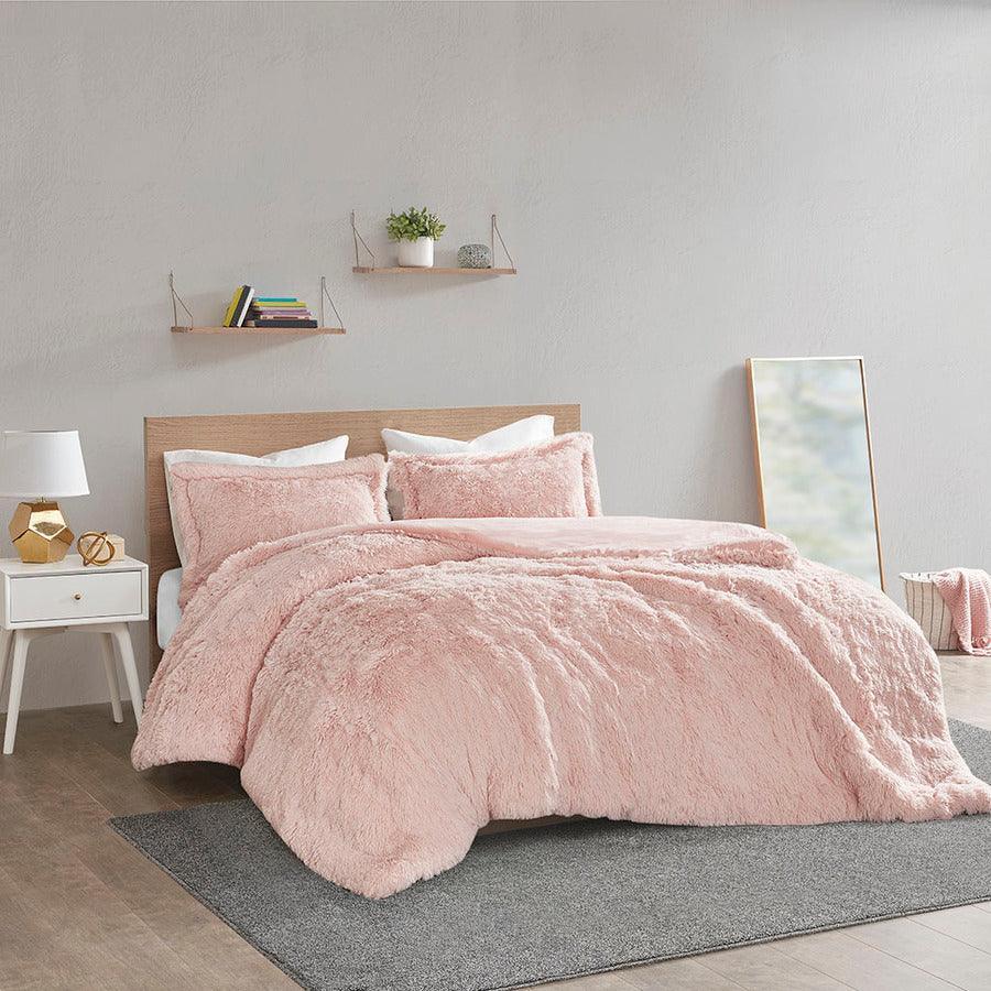 Olliix.com Duvet & Duvet Sets - Malea Casual Shaggy Fur Duvet Cover Set Full/Queen Blush