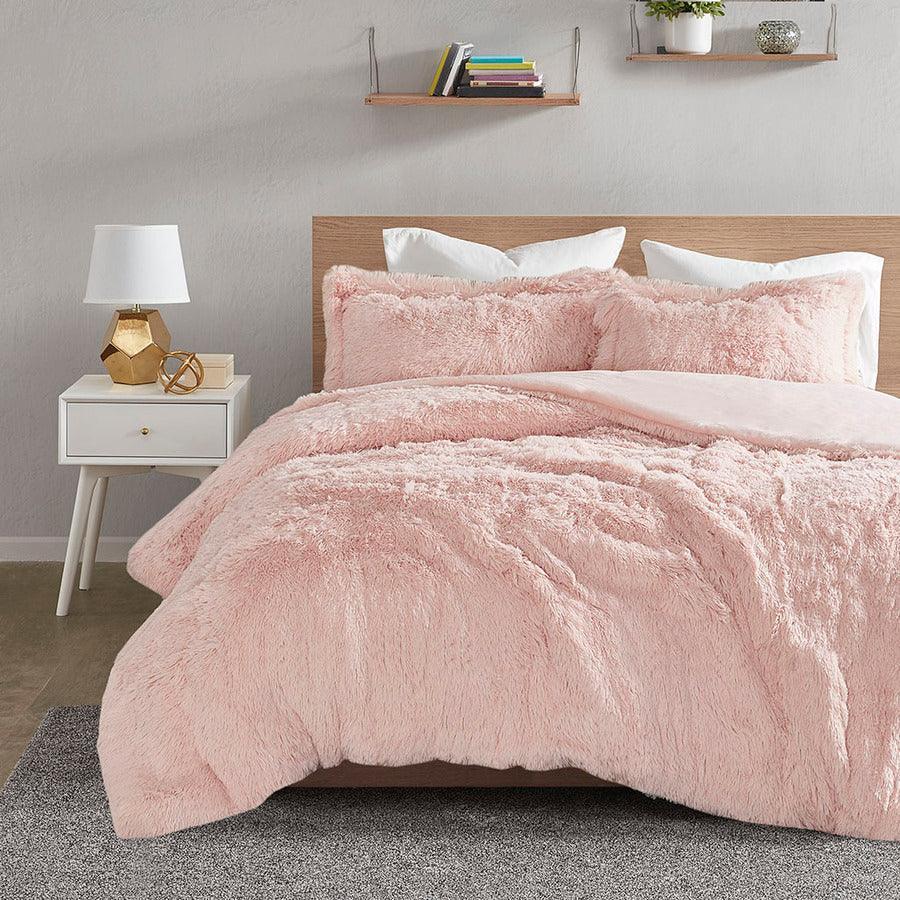 Olliix.com Duvet & Duvet Sets - Malea Casual Shaggy Fur Duvet Cover Set Full/Queen Blush