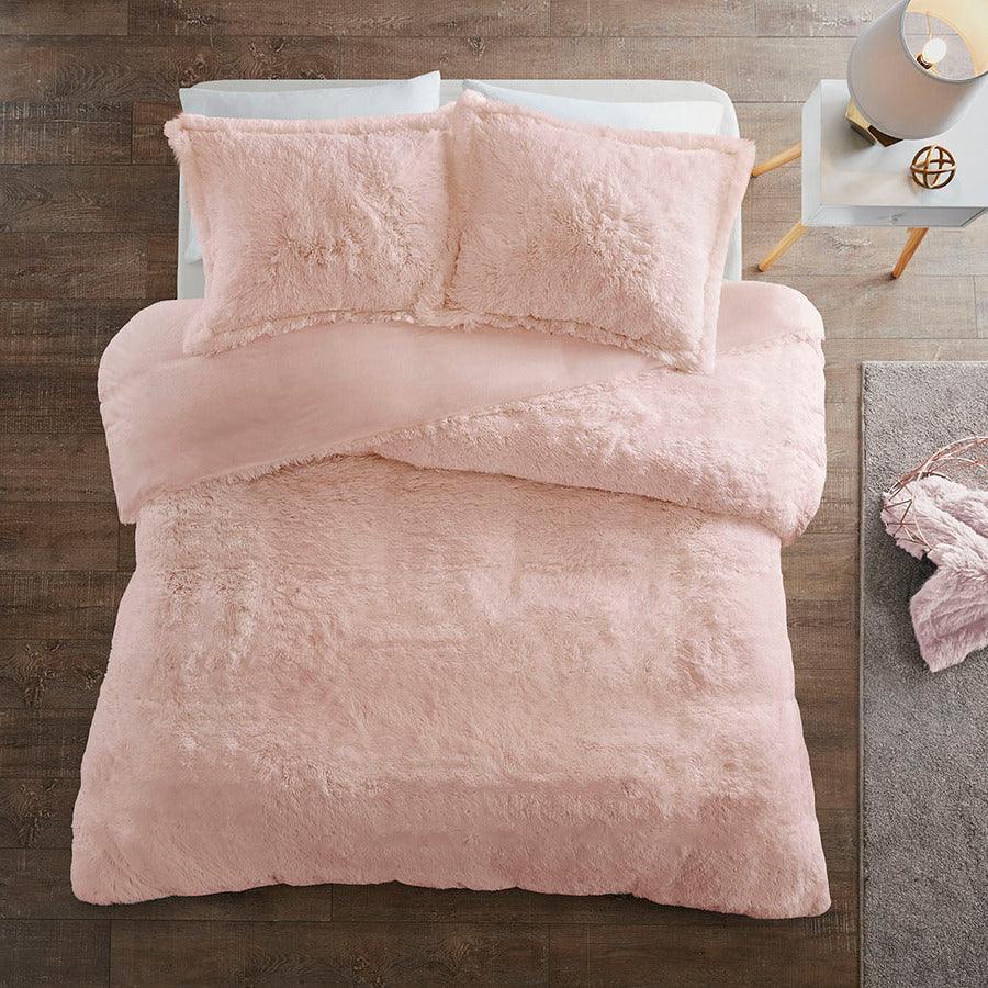 Olliix.com Duvet & Duvet Sets - Malea Casual Shaggy Fur Duvet Cover Set Full/Queen Blush