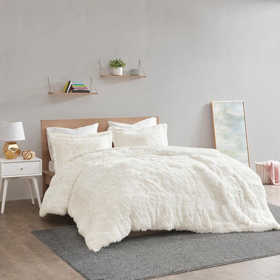 Olliix.com Duvet & Duvet Sets - Malea Casual Shaggy Fur Duvet Cover Set King Ivory