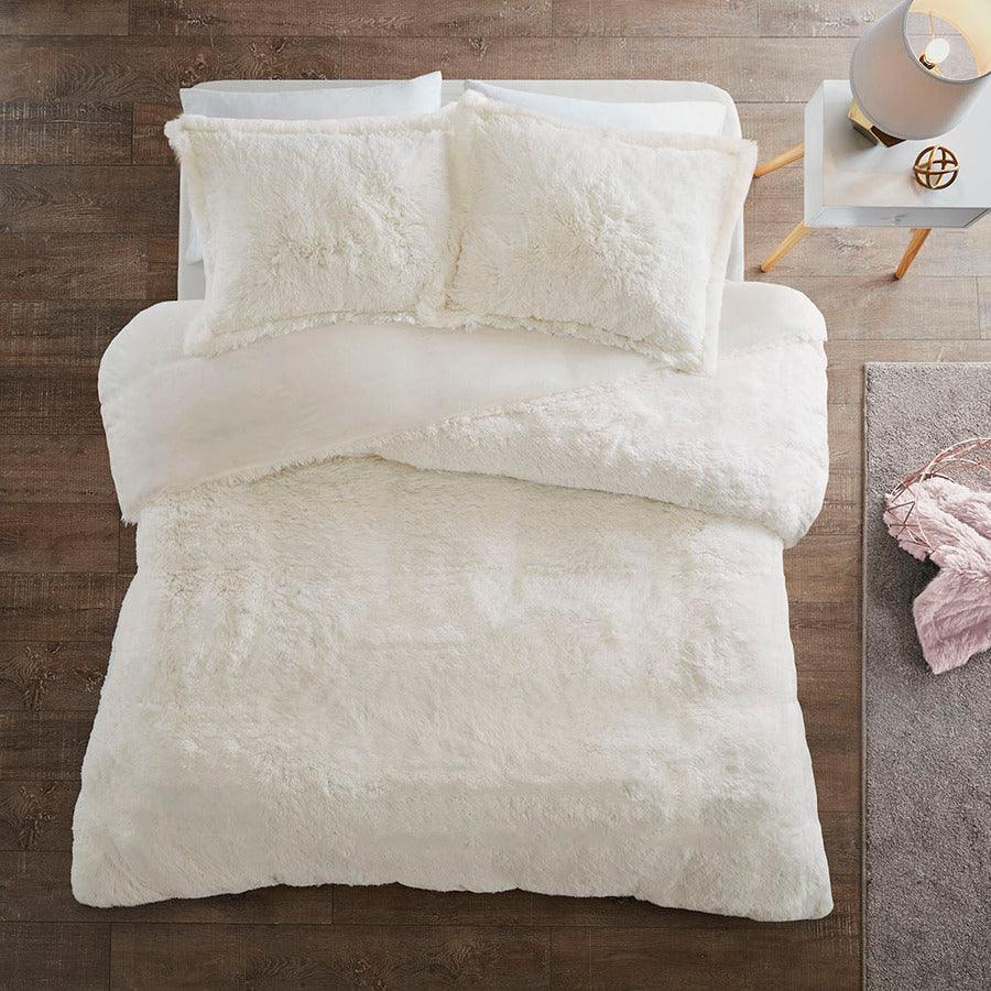 Olliix.com Duvet & Duvet Sets - Malea Casual Shaggy Fur Duvet Cover Set King Ivory