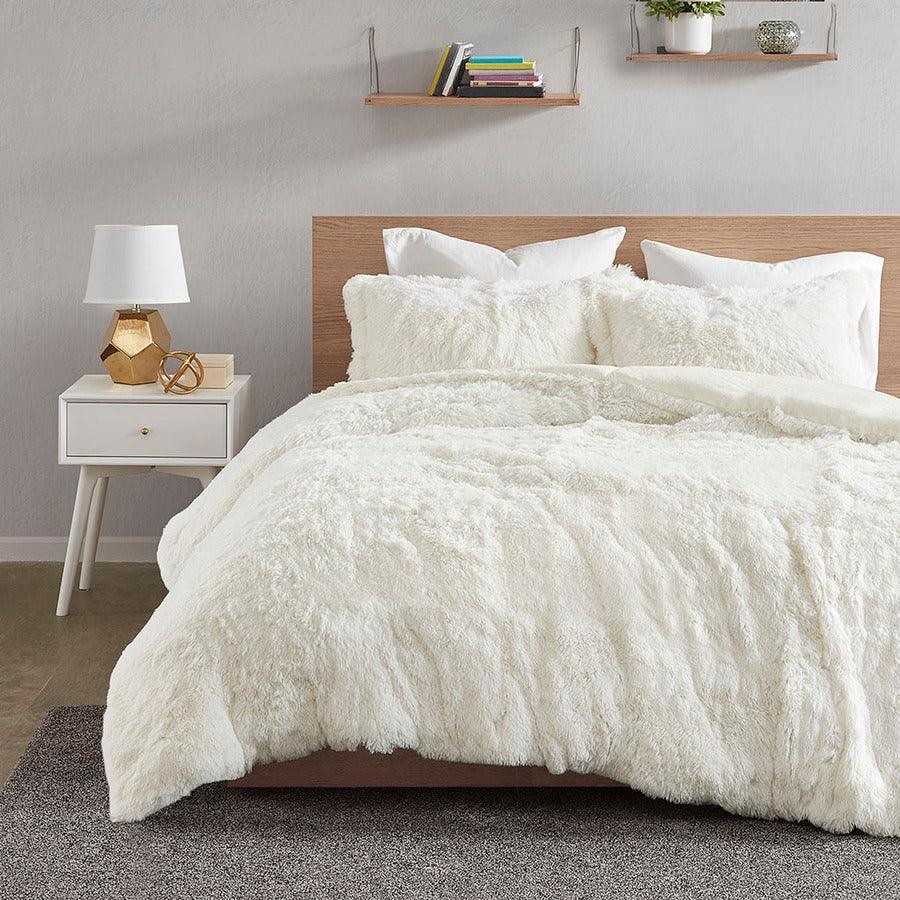 Olliix.com Duvet & Duvet Sets - Malea Casual Shaggy Fur Duvet Cover Set King Ivory