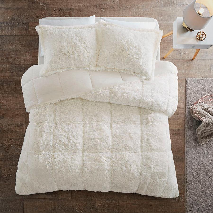 Olliix.com Comforters & Blankets - Malea Coastal Shaggy Faux Fur Comforter Mini Set Ivory King/Cal King