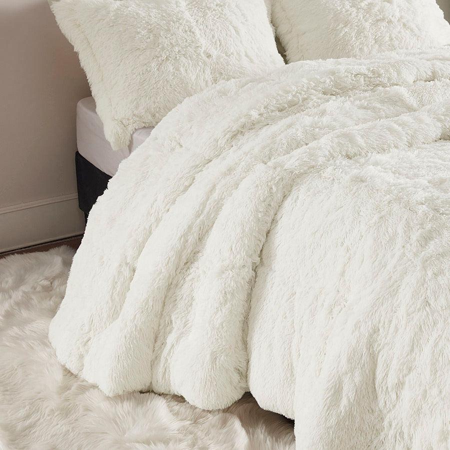 Olliix.com Comforters & Blankets - Malea Coastal Shaggy Faux Fur Comforter Mini Set Ivory King/Cal King
