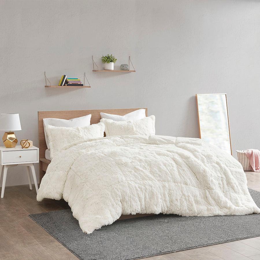 Olliix.com Comforters & Blankets - Malea Shaggy Faux Fur Comforter Mini Set Ivory Twin/Twin XL