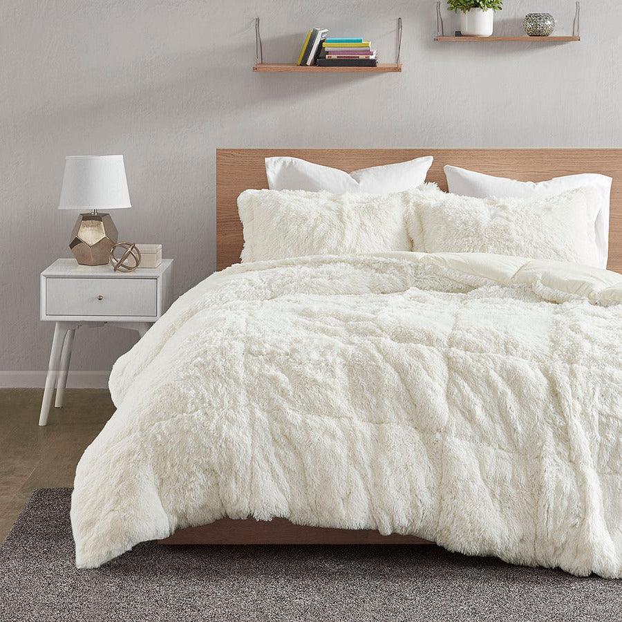Olliix.com Comforters & Blankets - Malea Shaggy Faux Fur Comforter Mini Set Ivory Twin/Twin XL