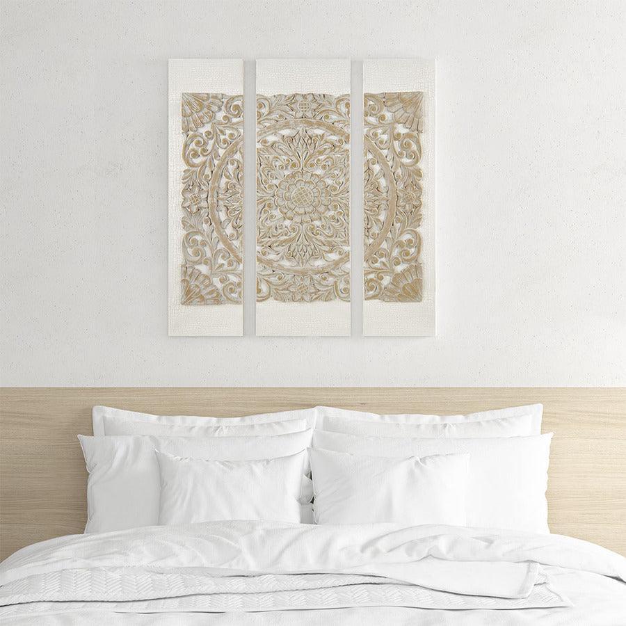 Olliix.com Wall Art - Mandala Global Inspired 3D Embellished Canvas 3 Piece Set 11.8x35.5x0.98" Natural