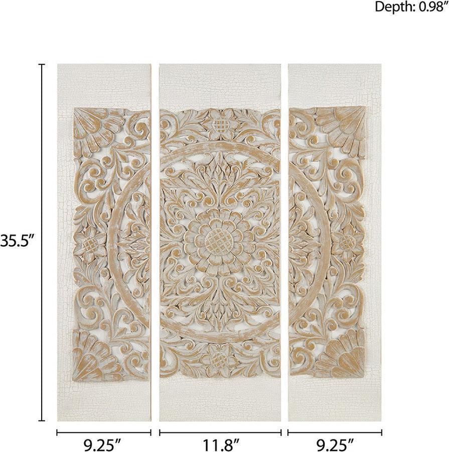 Olliix.com Wall Art - Mandala Global Inspired 3D Embellished Canvas 3 Piece Set 11.8x35.5x0.98" Natural