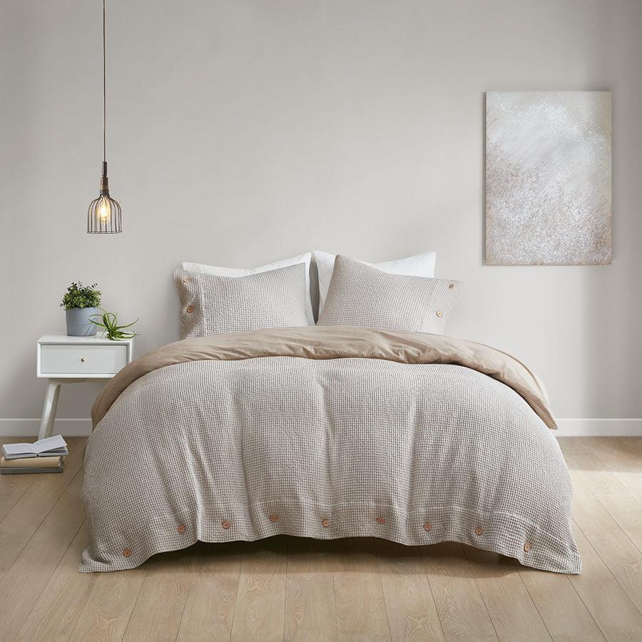 Olliix.com Comforters & Blankets - Mara 4 Pc Cotton And Rayon From Bamboo Blend Waffle Weave Comforter Cover Set Taupe King