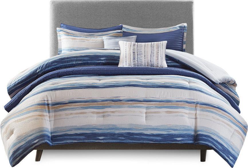 Olliix.com Comforters & Blankets - Marina 26 " W 8 PC Printed Seersucker Comforter and Coverlet Set Collection Blue Full/Queen
