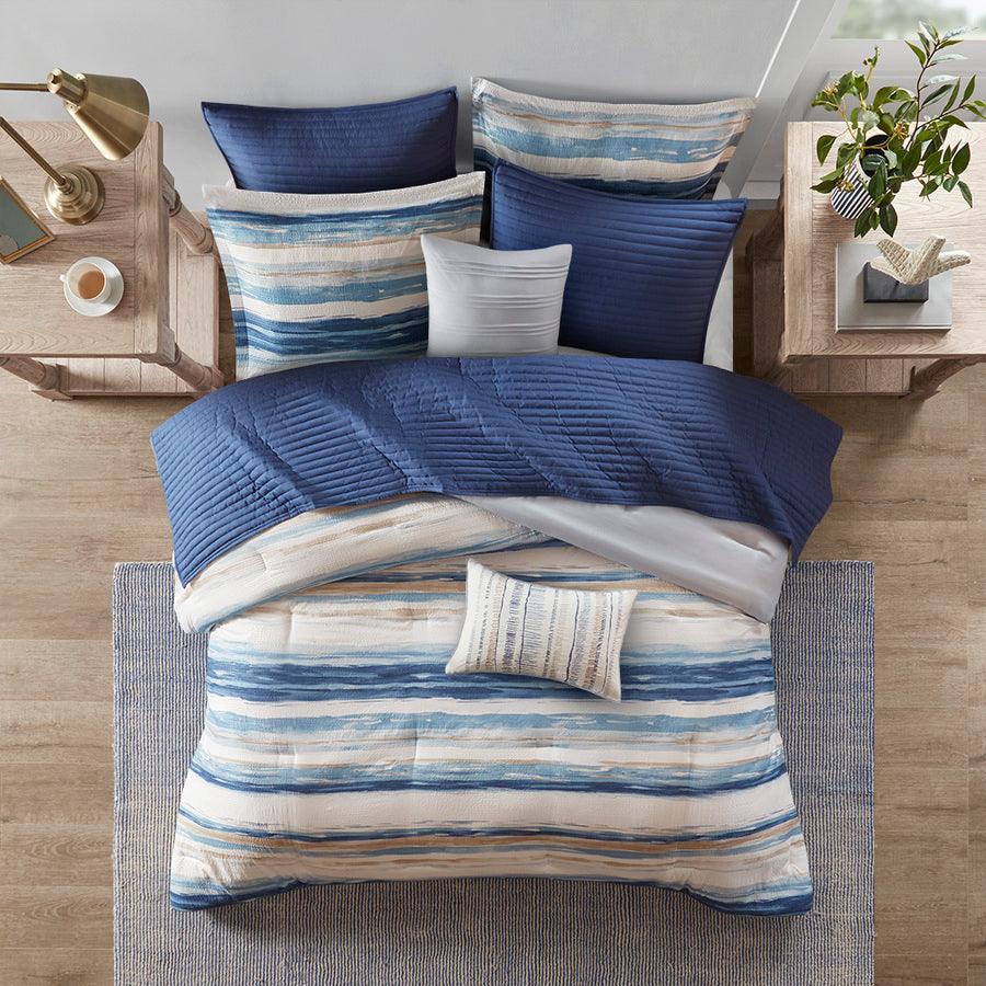 Olliix.com Comforters & Blankets - Marina 26 " W 8 PC Printed Seersucker Comforter and Coverlet Set Collection Blue Full/Queen