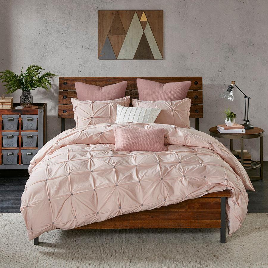 Olliix.com Duvet & Duvet Sets - Masie Full/Queen 3 Piece Elastic Embroidered Cotton Duvet Cover Set Blush