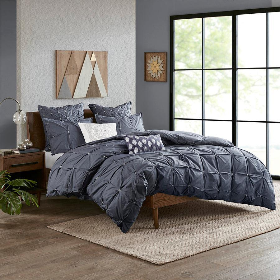 Olliix.com Comforters & Blankets - Masie Transitional 3 Piece Elastic Embroidered Cotton Comforter Set Navy Full/Queen