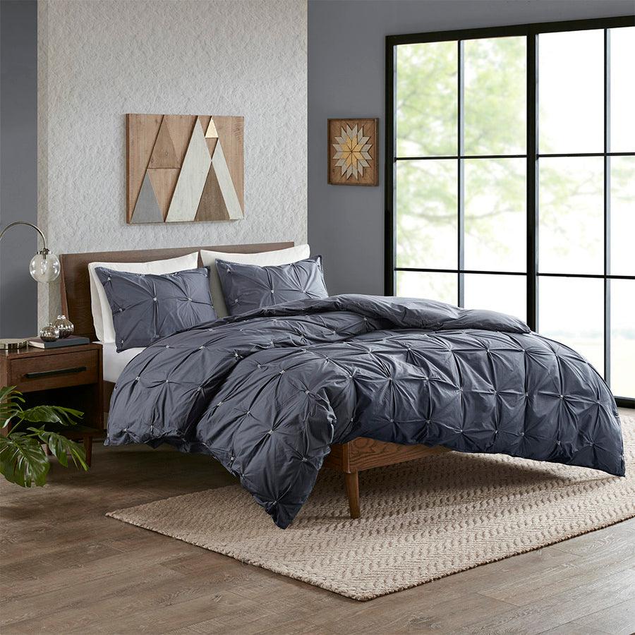 Olliix.com Comforters & Blankets - Masie Transitional 3 Piece Elastic Embroidered Cotton Comforter Set Navy Full/Queen