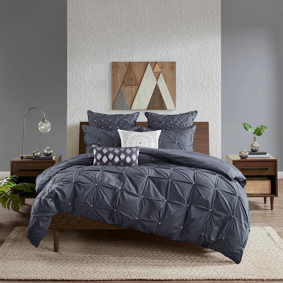 Olliix.com Comforters & Blankets - Masie Transitional 3 Piece Elastic Embroidered Cotton Comforter Set Navy Full/Queen