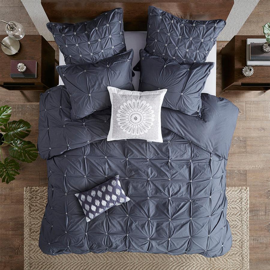 Olliix.com Comforters & Blankets - Masie Transitional 3 Piece Elastic Embroidered Cotton Comforter Set Navy Full/Queen