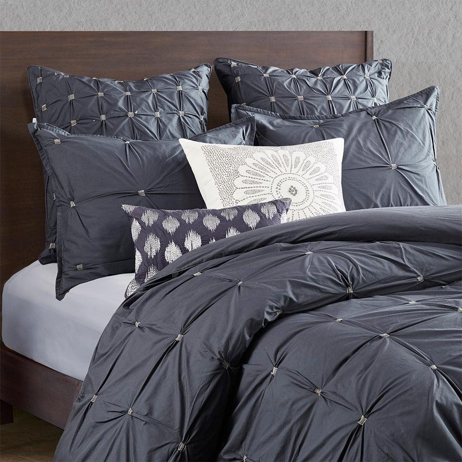 Olliix.com Comforters & Blankets - Masie Transitional 3 Piece Elastic Embroidered Cotton Comforter Set Navy Full/Queen