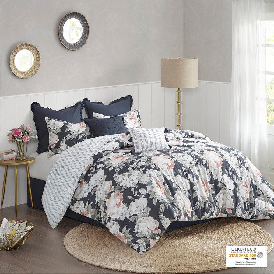 Olliix.com Comforters & Blankets - Mavis 8 Piece Cotton 20 " D Printed Reversible Comforter Set Dark Blue Queen