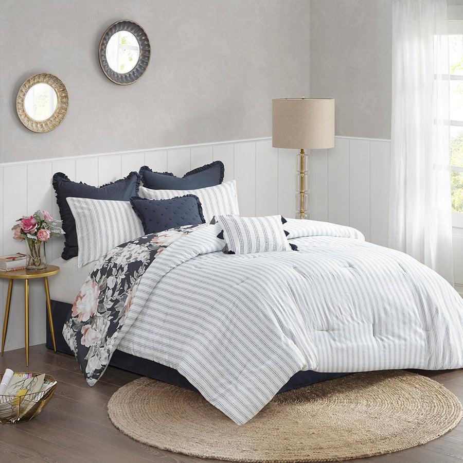 Olliix.com Comforters & Blankets - Mavis 8 Piece Cotton 20 " D Printed Reversible Comforter Set Dark Blue Queen