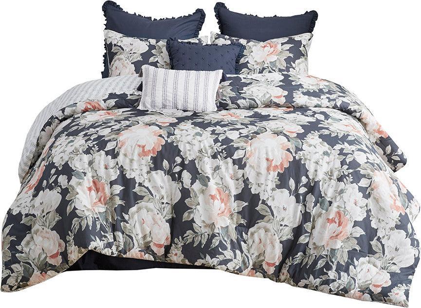 Olliix.com Comforters & Blankets - Mavis 8 Piece Cotton 20 " D Printed Reversible Comforter Set Dark Blue Queen