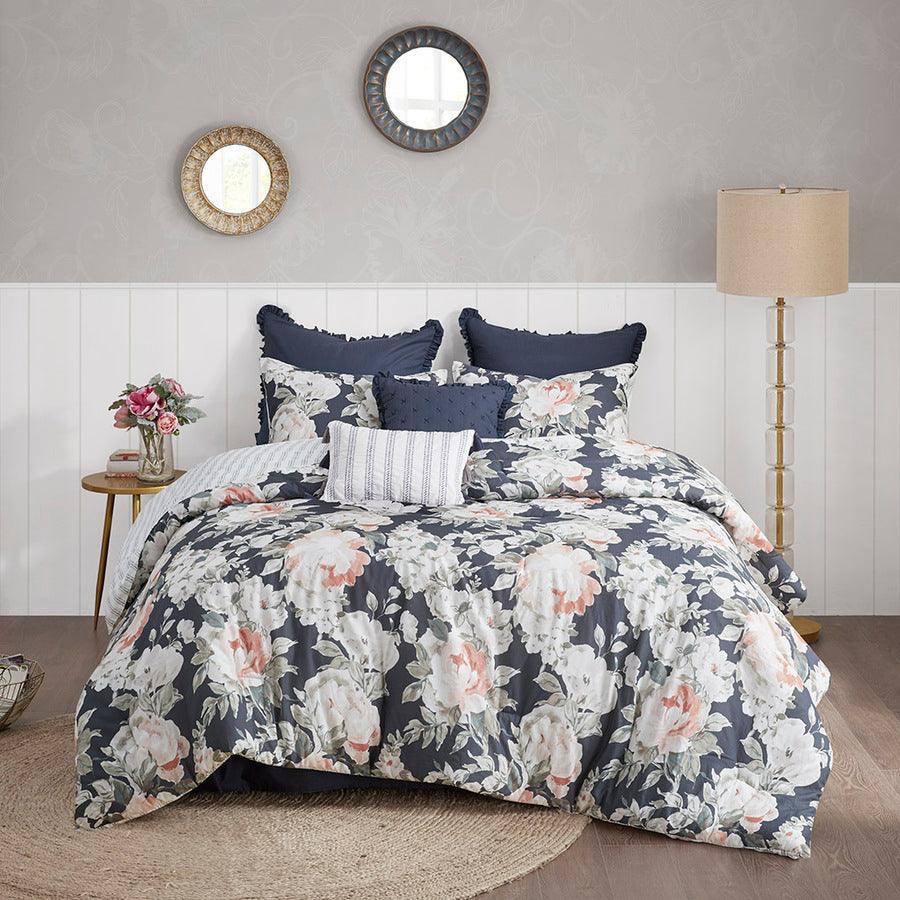 Olliix.com Comforters & Blankets - Mavis 8 Piece Cotton 20 " D Printed Reversible Comforter Set Dark Blue Queen