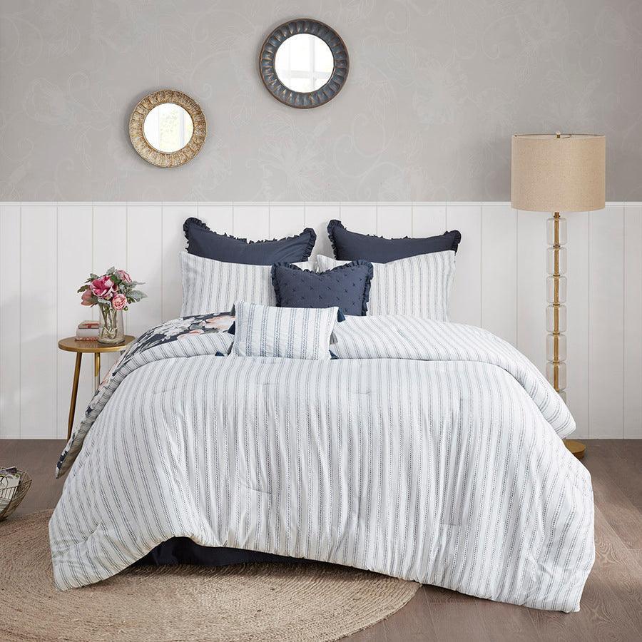 Olliix.com Comforters & Blankets - Mavis 8 Piece Cotton 20 " D Printed Reversible Comforter Set Dark Blue Queen