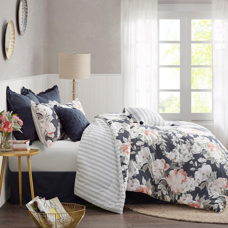 Olliix.com Comforters & Blankets - Mavis 8 Piece Cotton 20 " D Printed Reversible Comforter Set Dark Blue Queen