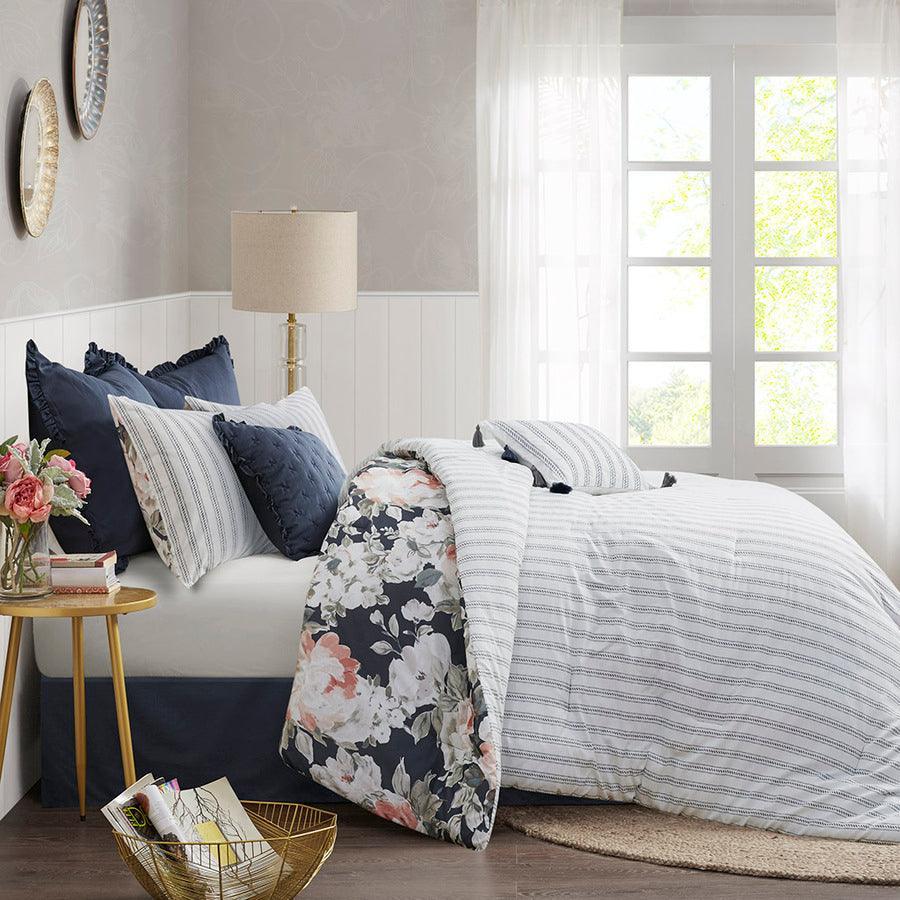 Olliix.com Comforters & Blankets - Mavis 8 Piece Cotton 20 " D Printed Reversible Comforter Set Dark Blue Queen