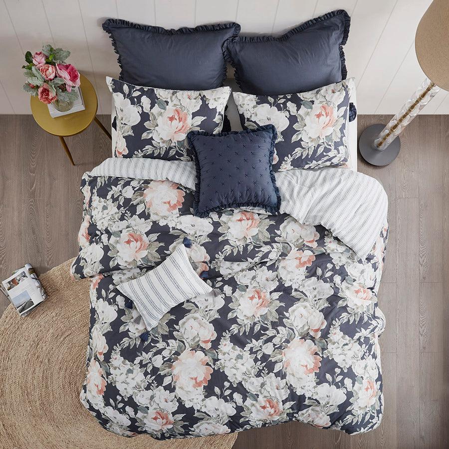 Olliix.com Comforters & Blankets - Mavis 8 Piece Shabby Chic Cotton Printed Reversible Comforter Set Dark Blue Cal King