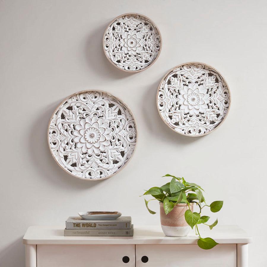 Olliix.com Wall Art - Medallion Trio Wood Wall Decor 3 Piece Set Natural & White
