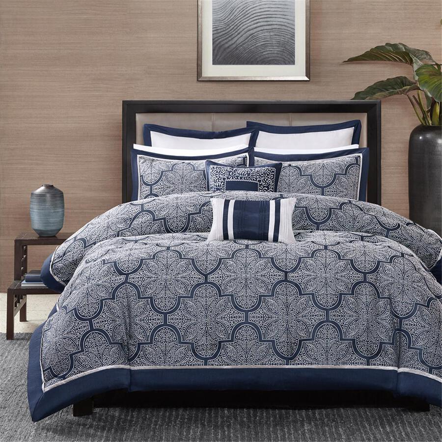 Olliix.com Comforters & Blankets - Medina 8 Piece Jacquard Comforter Set Navy