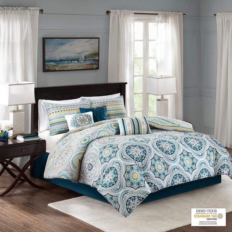 Olliix.com Comforters & Blankets - Mercia 7 Piece Reversible Cotton 26 " W Sateen Comforter Set Teal Queen