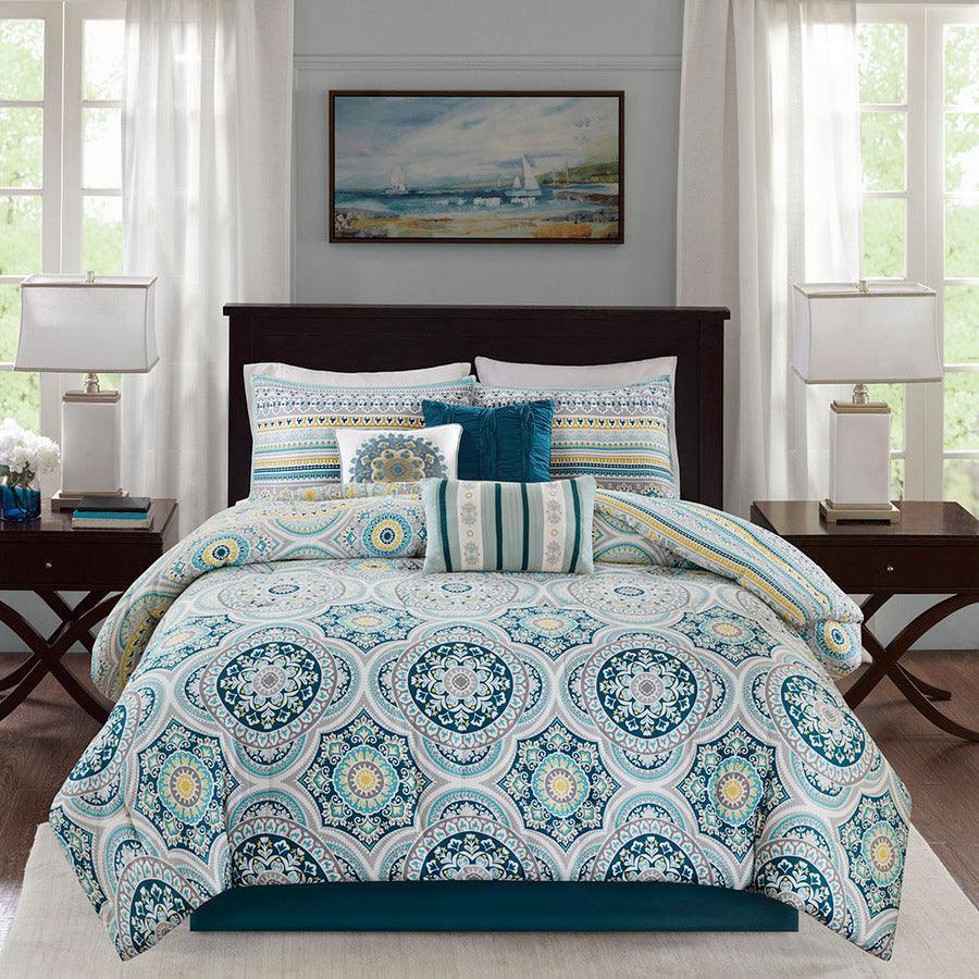 Olliix.com Comforters & Blankets - Mercia 7 Piece Reversible Cotton 26 " W Sateen Comforter Set Teal Queen