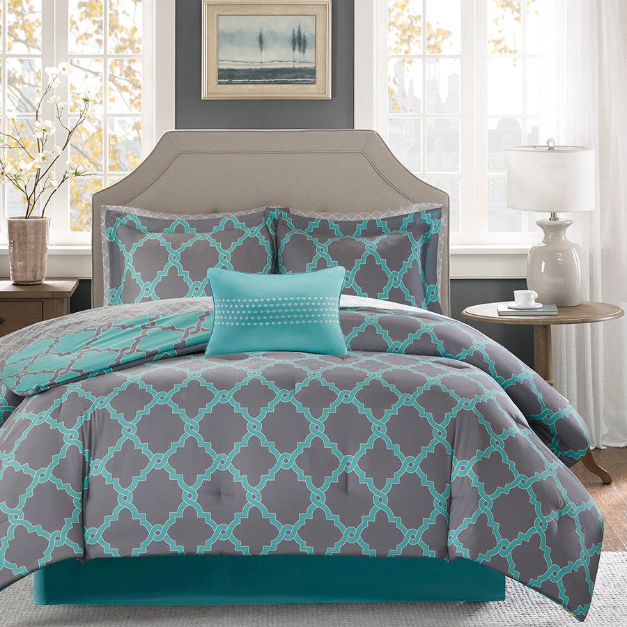 Olliix.com Comforters & Blankets - Merritt 20 " D Reversible Comforter and Cotton Sheet Set Aqua Gray Queen