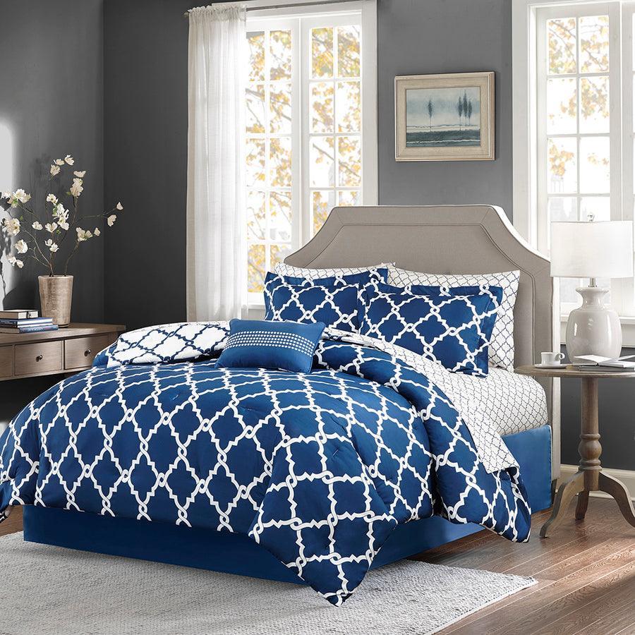 Olliix.com Comforters & Blankets - Merritt Traditional Reversible Comforter and Cotton Sheet Set Navy Cal King