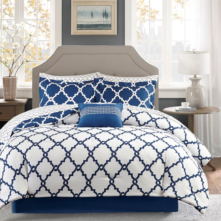 Olliix.com Comforters & Blankets - Merritt Traditional Reversible Comforter and Cotton Sheet Set Navy Cal King