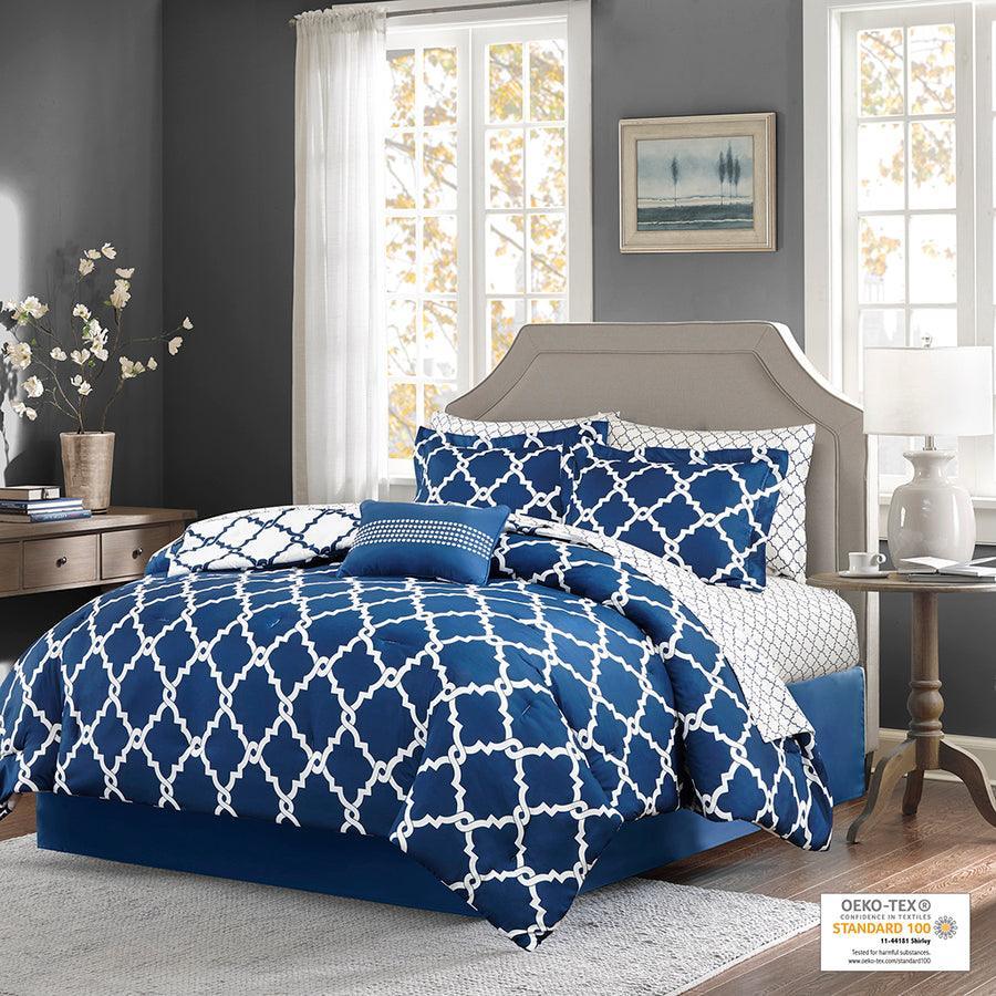 Olliix.com Comforters & Blankets - Merritt Traditional Reversible Comforter and Cotton Sheet Set Navy Cal King