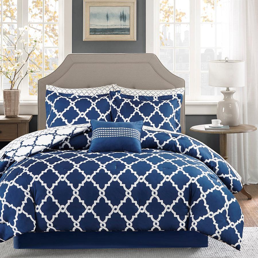 Olliix.com Comforters & Blankets - Merritt Traditional Reversible Comforter and Cotton Sheet Set Navy Cal King
