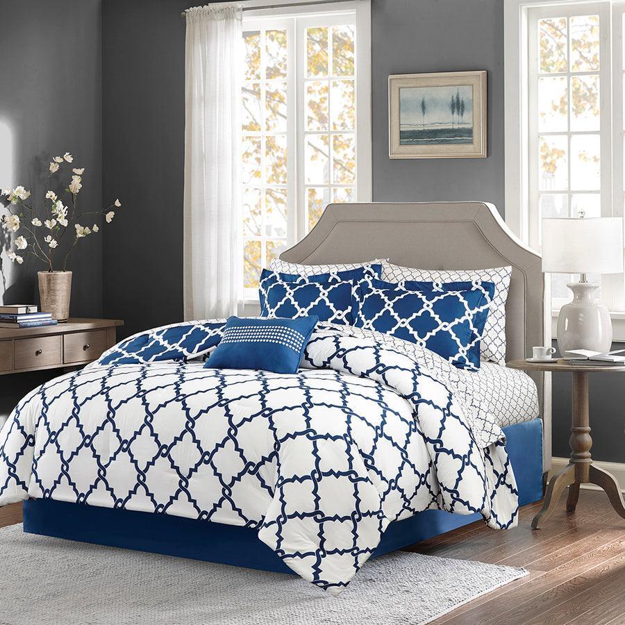 Olliix.com Comforters & Blankets - Merritt Traditional Reversible Comforter and Cotton Sheet Set Navy Cal King