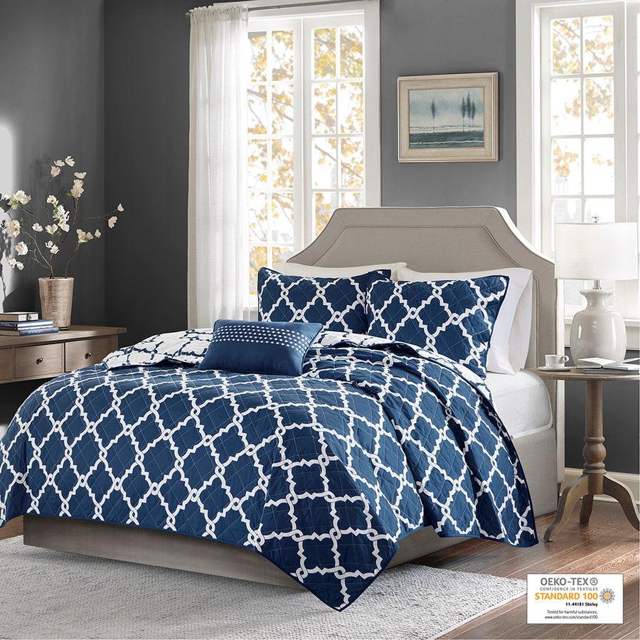 Olliix.com Comforters & Blankets - Merritt Transitional 4 Piece Reversible Coverlet Set King/Cal King Navy