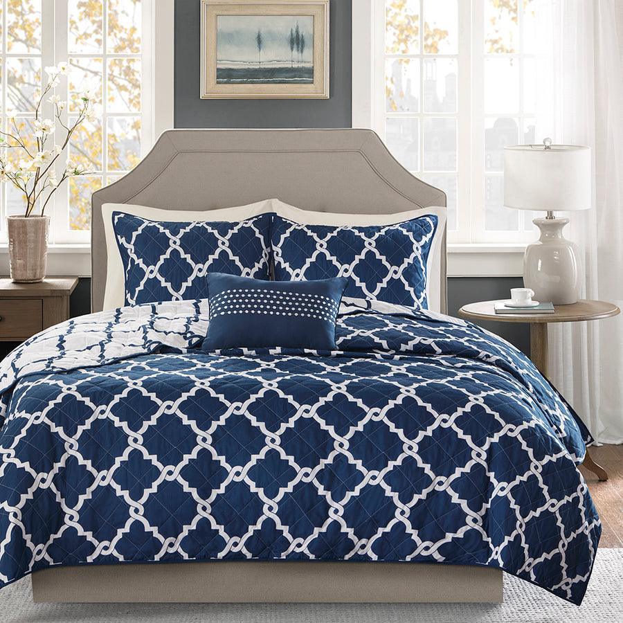 Olliix.com Comforters & Blankets - Merritt Transitional 4 Piece Reversible Coverlet Set King/Cal King Navy