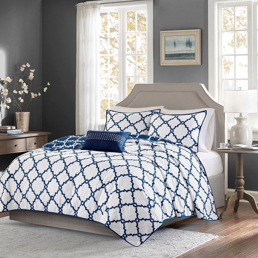 Olliix.com Comforters & Blankets - Merritt Transitional 4 Piece Reversible Coverlet Set King/Cal King Navy