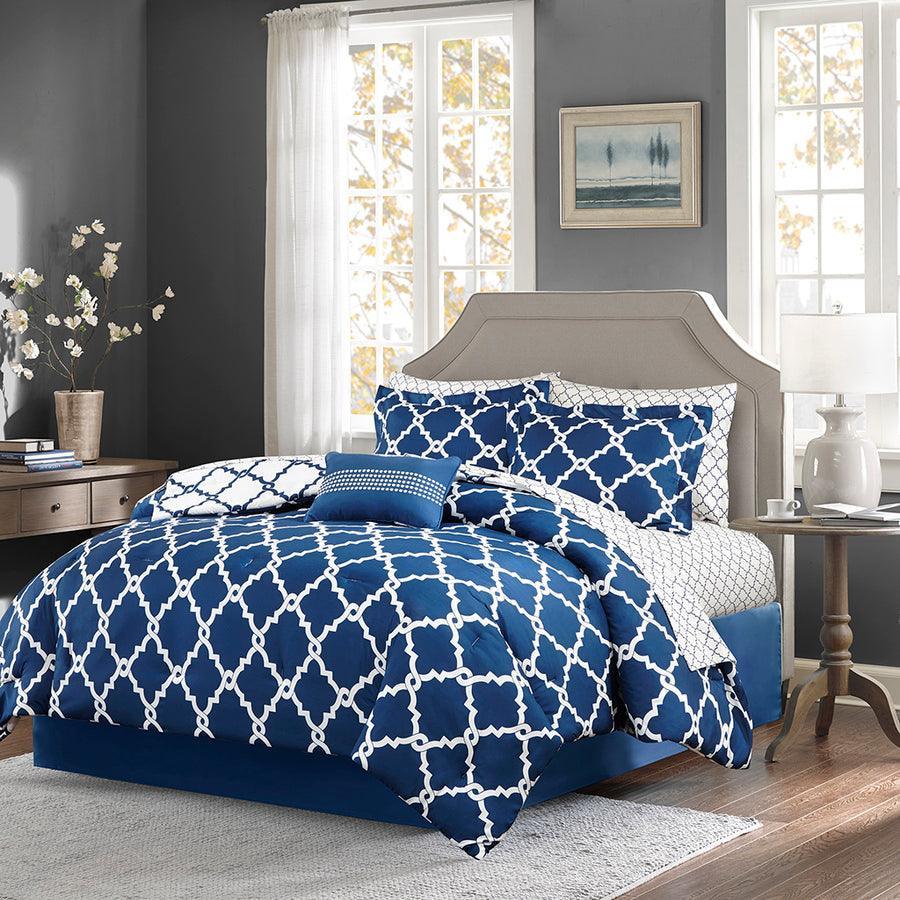 Olliix.com Comforters & Blankets - Merritt Transitional Reversible Comforter and Cotton Sheet Set Navy Twin/Twin XL