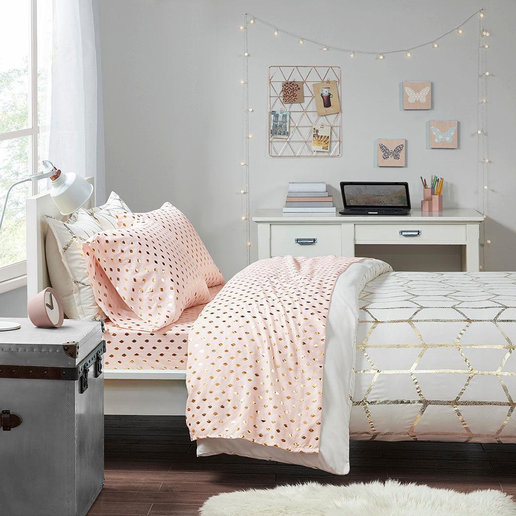 Olliix.com Sheets & Sheet Sets - Metallic Dot Twin Sheet Set Blush & Gold