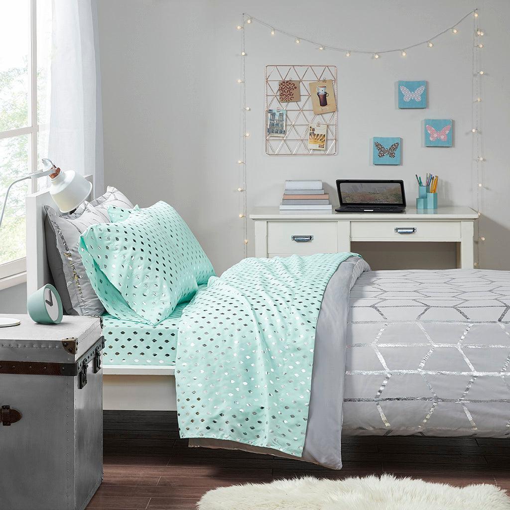 Olliix.com Sheets & Sheet Sets - Metallic Dot Twin XL Sheet Set Aqua & Silver