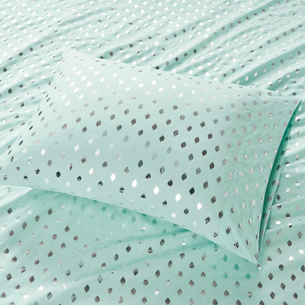 Olliix.com Sheets & Sheet Sets - Metallic Dot Twin XL Sheet Set Aqua & Silver