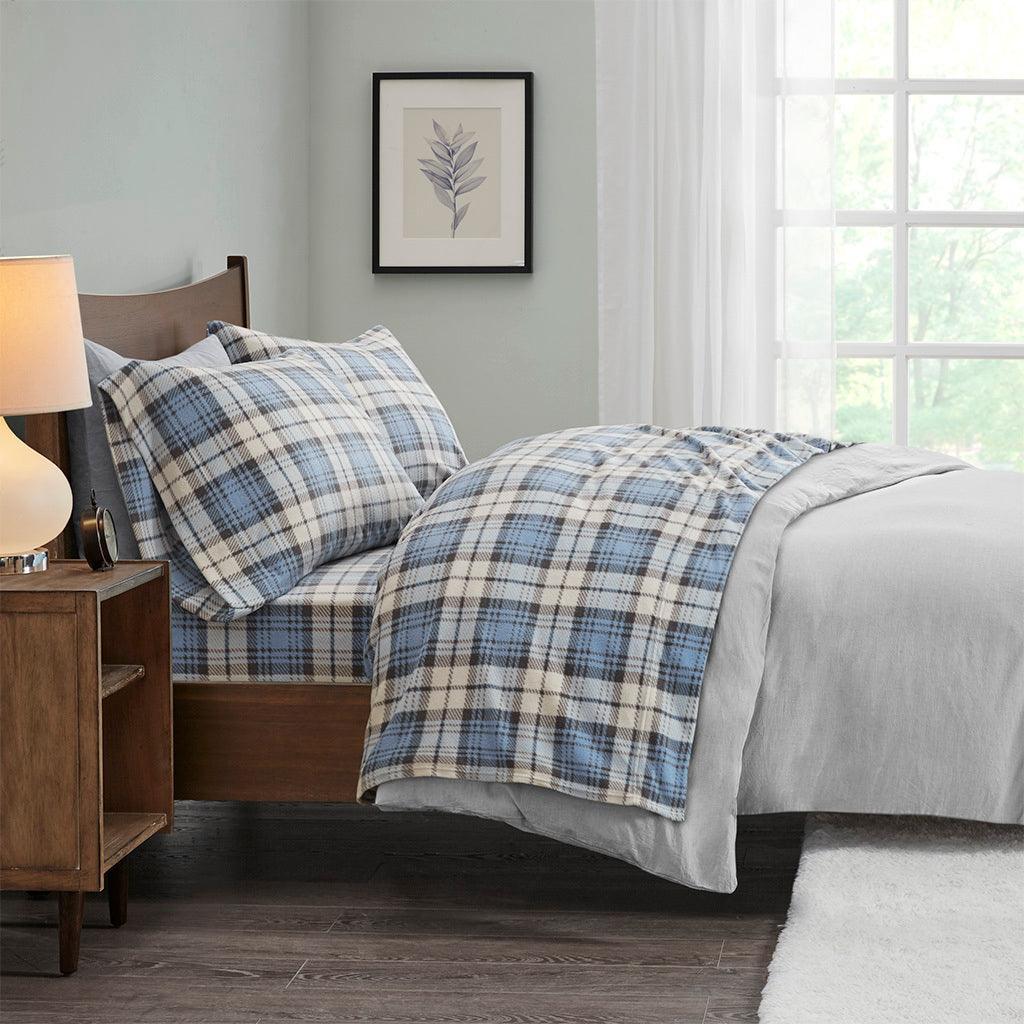 Olliix.com Sheets & Sheet Sets - Micro Fleece Queen Sheet Set Blue Plaid