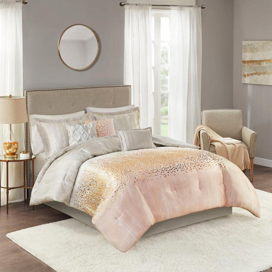 Olliix.com Comforters & Blankets - Midnight King Garden 7 Piece Metallic Glam & Luxury Print Comforter Set Blush